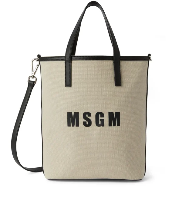 MSGM Mini Tote Bag In Cotone Canvas E Dettagli In Pelle Beige Cheap