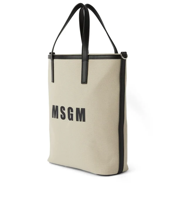 MSGM Mini Tote Bag In Cotone Canvas E Dettagli In Pelle Beige Cheap