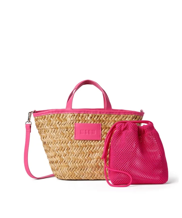 MSGM Mini Tote In Paglia Corredata Da Mini Pouch Fucsia Outlet