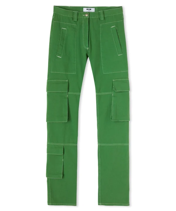 MSGM Pantalone Cargo In Bull Tinta Unita Green Online