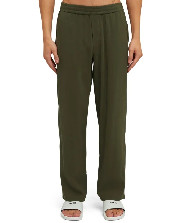 MSGM Pantalone Fluido In Viscosa Tinta Unita A Gamba Dritta Military Green Sale