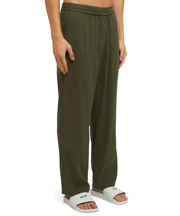 MSGM Pantalone Fluido In Viscosa Tinta Unita A Gamba Dritta Military Green Sale