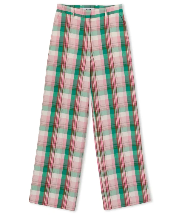 MSGM Pantaloni Tailoring A Gamba Dritta In Lino Madras Pink Flash Sale