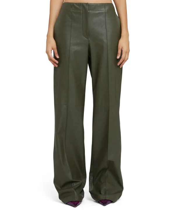 MSGM Pantaloni Tailoring A Gamba Dritta In Eco-Pelle Military Green Cheap