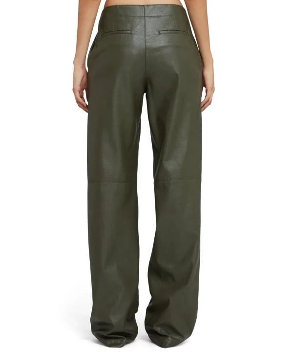 MSGM Pantaloni Tailoring A Gamba Dritta In Eco-Pelle Military Green Cheap