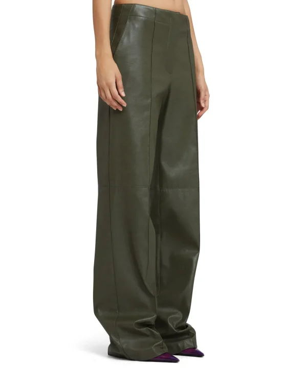 MSGM Pantaloni Tailoring A Gamba Dritta In Eco-Pelle Military Green Cheap