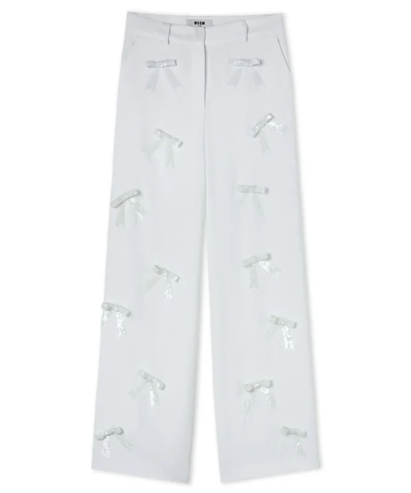 MSGM Pantaloni Tailoring Full Length In Viscosa Con Fiocchi Applicati Cream Outlet