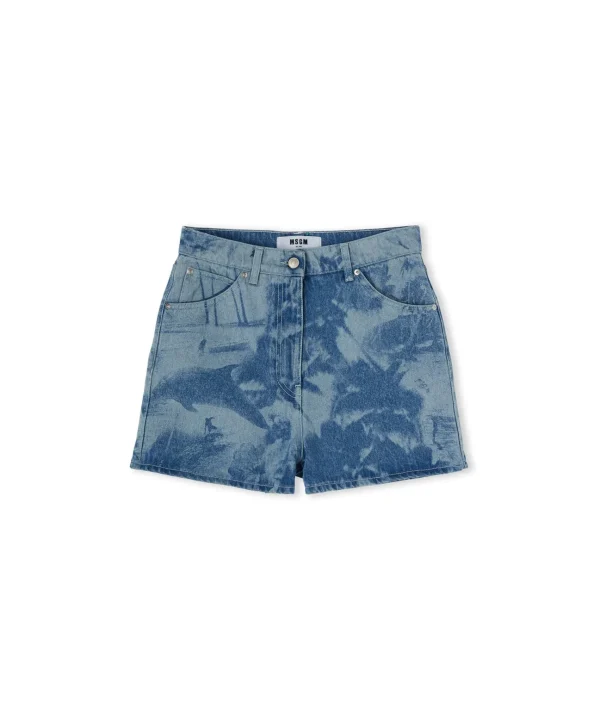 MSGM Shorts Di Denim Con Lavorazione "Surfer" A Laser Blue Sale