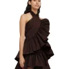 MSGM Top Con Collo Halter In Taffeta Con Rouches Applicate Chocolate Clearance