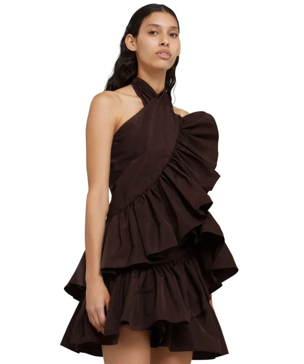 MSGM Top Con Collo Halter In Taffeta Con Rouches Applicate Chocolate Clearance