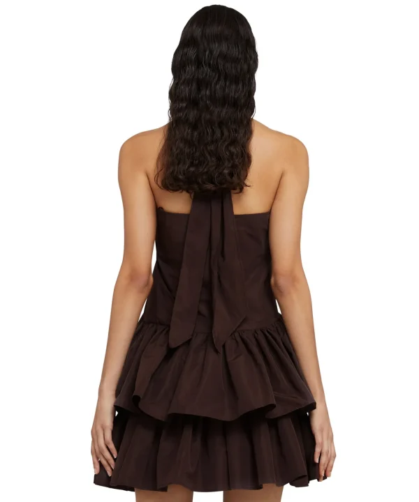 MSGM Top Con Collo Halter In Taffeta Con Rouches Applicate Chocolate Clearance