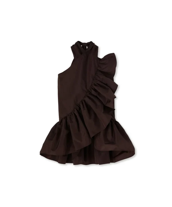 MSGM Top Con Collo Halter In Taffeta Con Rouches Applicate Chocolate Clearance