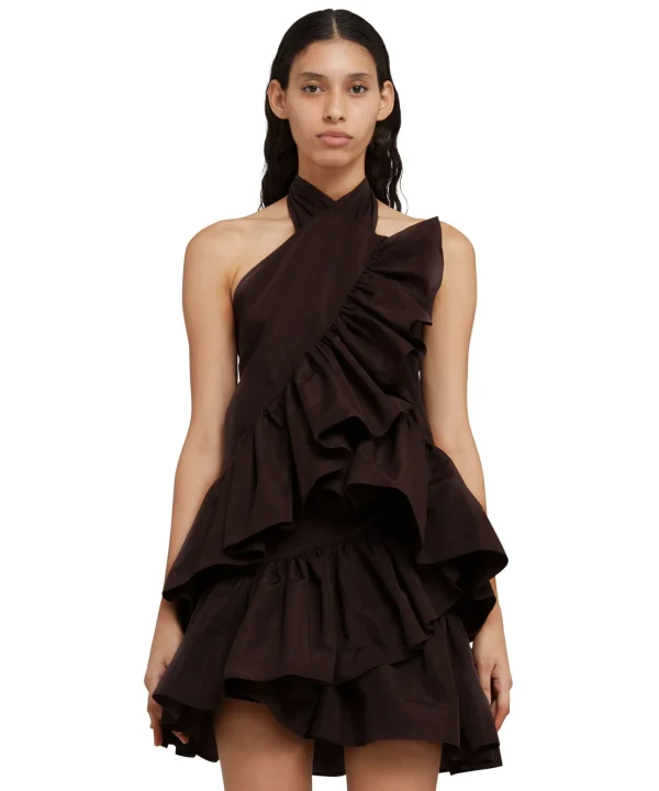 MSGM Top Con Collo Halter In Taffeta Con Rouches Applicate Chocolate Clearance