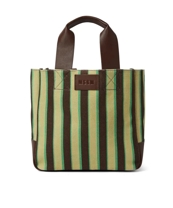 MSGM Tote Bag In Cotone A Righe Con Manici In Pelle Multicolor Brown Store