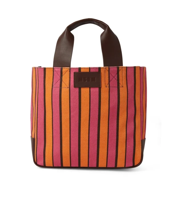 MSGM Tote Bag In Cotone A Righe Con Manici In Pelle Fucsia Shop