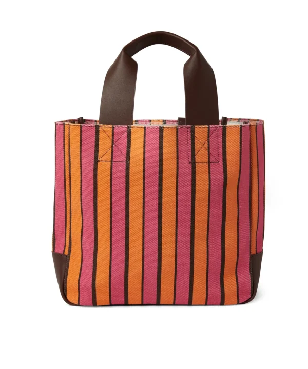 MSGM Tote Bag In Cotone A Righe Con Manici In Pelle Fucsia Shop