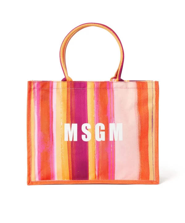 MSGM Tote Bag In Cotone "Brushed Stripes" Con Logo Pink Fluo Outlet