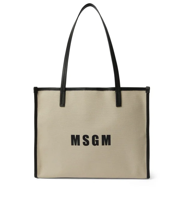 MSGM Tote Bag In Cotone Canvas E Dettagli In Pelle Beige Best