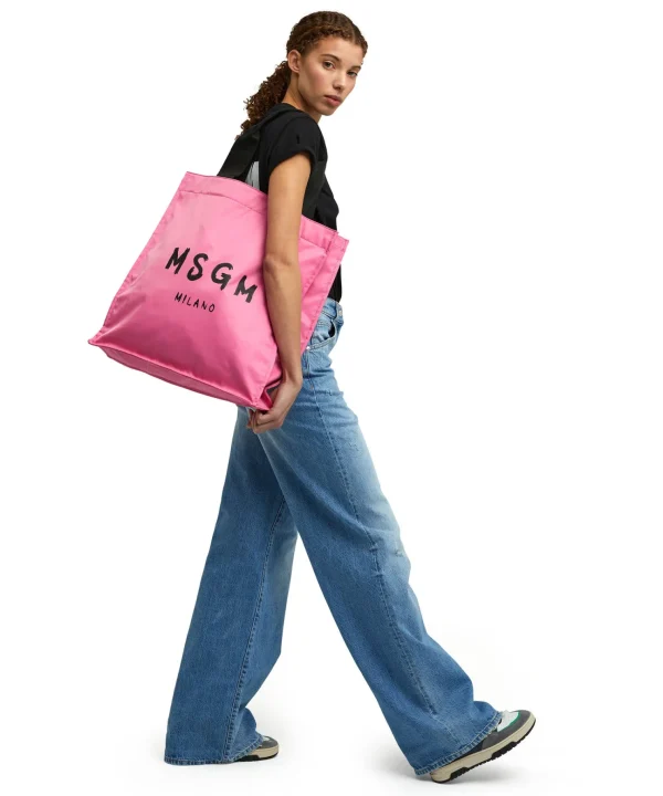 MSGM Tote In Nylon Signature Con Logo Pennellato Pink Fluo Store