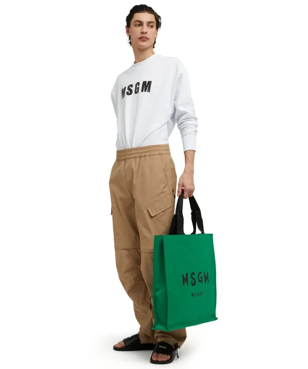 MSGM Tote In Nylon Signature Con Logo Pennellato Green Outlet