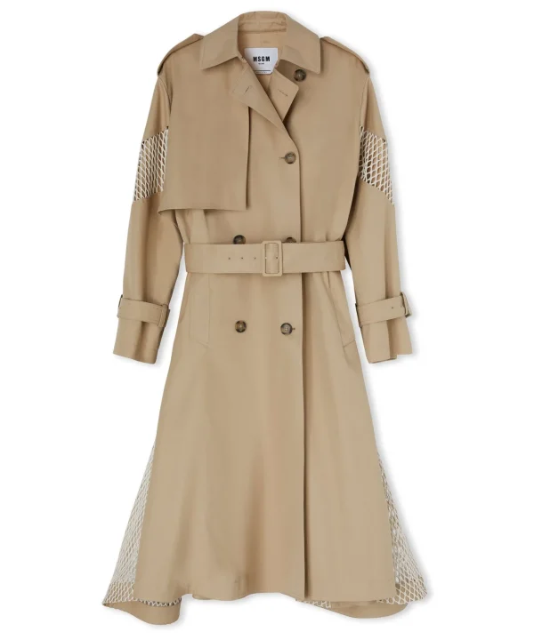 MSGM Trench Doppio Petto In Gabardina Con Dettagli In Rete Beige Cheap