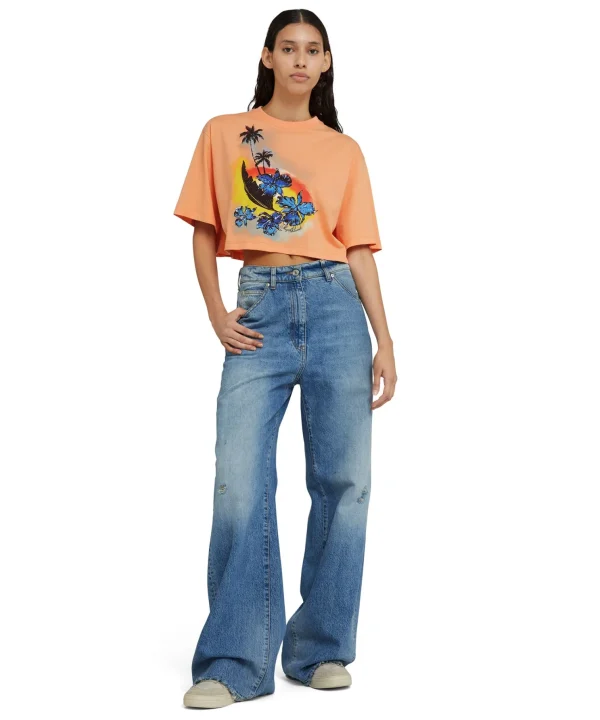 MSGM T-Shirt Crop Girocollo In Cotone Tinta Unita Con Grafica " Sunset" Orange Outlet