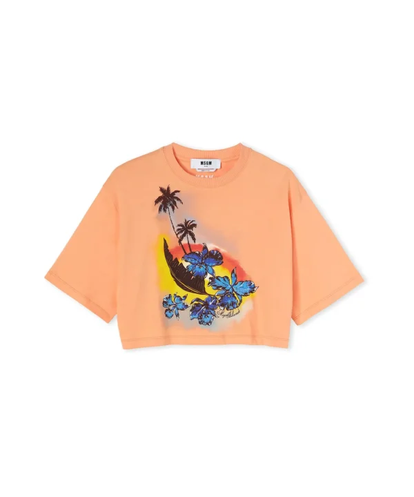 MSGM T-Shirt Crop Girocollo In Cotone Tinta Unita Con Grafica " Sunset" Orange Outlet