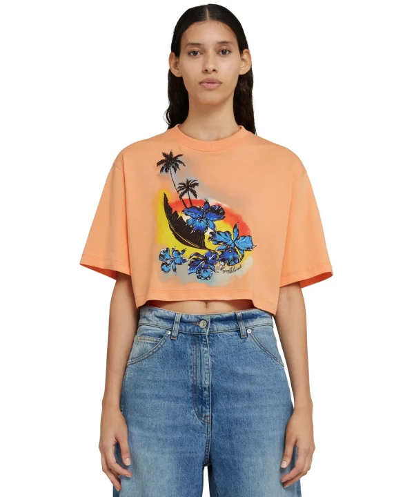 MSGM T-Shirt Crop Girocollo In Cotone Tinta Unita Con Grafica " Sunset" Orange Outlet