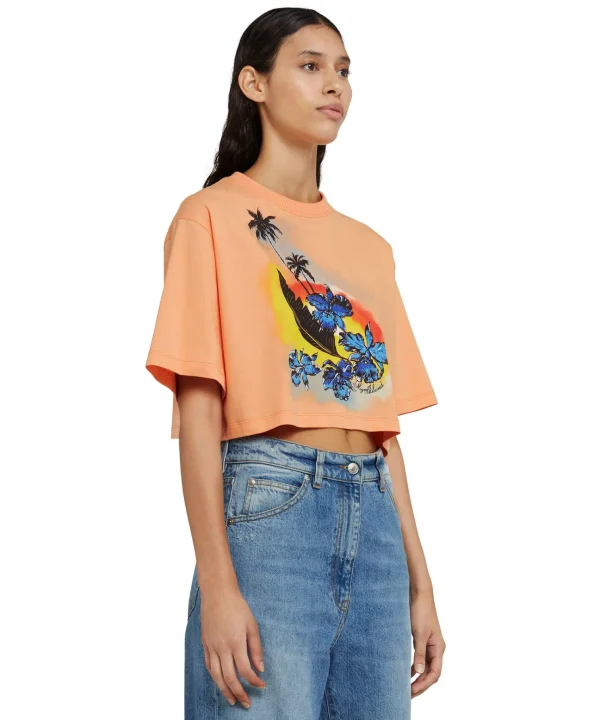 MSGM T-Shirt Crop Girocollo In Cotone Tinta Unita Con Grafica " Sunset" Orange Outlet