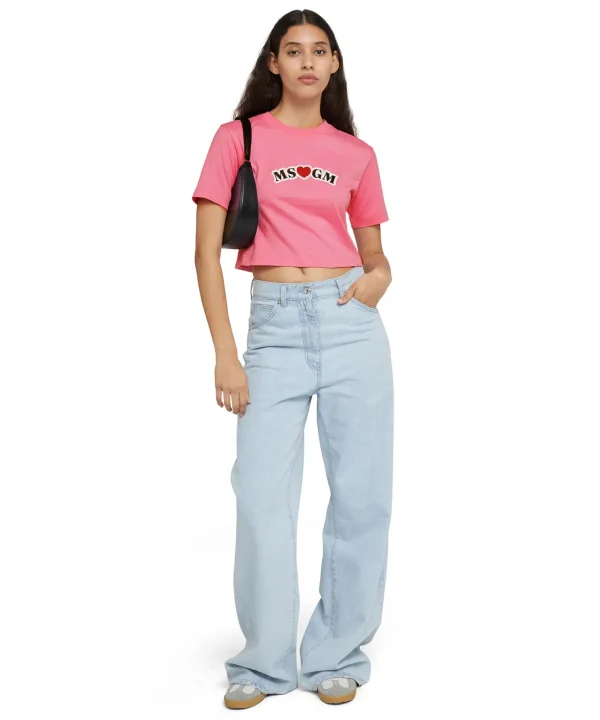 MSGM T-Shirt Crop In Cotone Con Grafica Dark Pink Best Sale