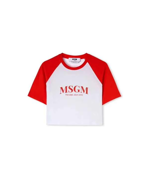 MSGM T-Shirt Crop In Cotone Con Stampa "Fun Department" Optical White Hot