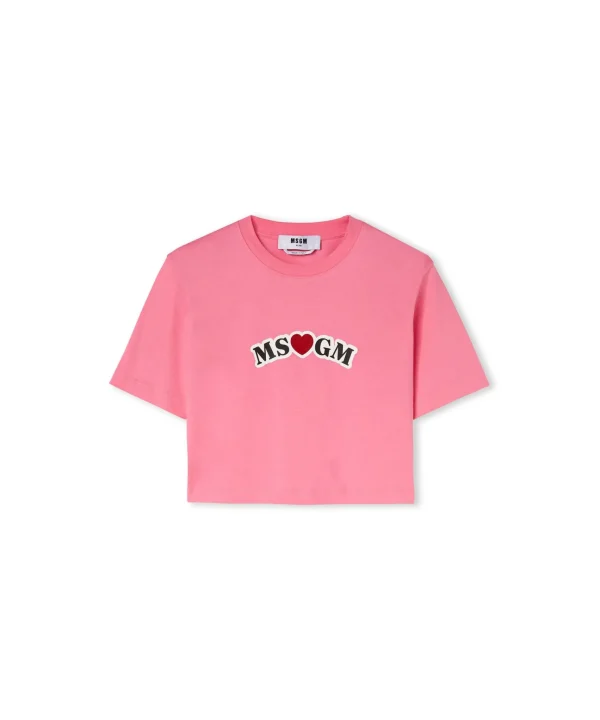 MSGM T-Shirt Crop In Cotone Con Grafica Dark Pink Best Sale