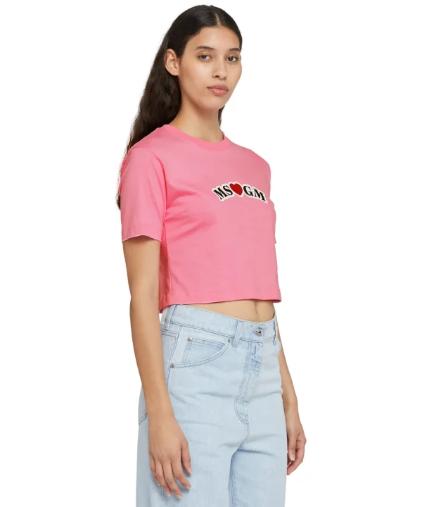 MSGM T-Shirt Crop In Cotone Con Grafica Dark Pink Best Sale