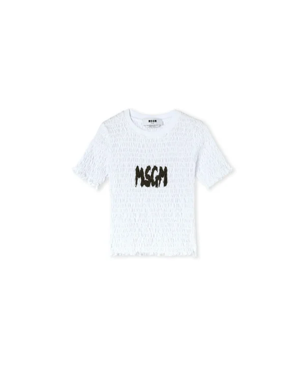 MSGM T-Shirt Crop In Cotone Con Lavorazione Punto Smock White Outlet