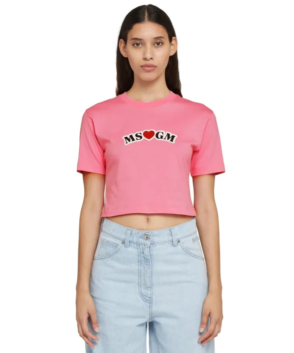 MSGM T-Shirt Crop In Cotone Con Grafica Dark Pink Best Sale