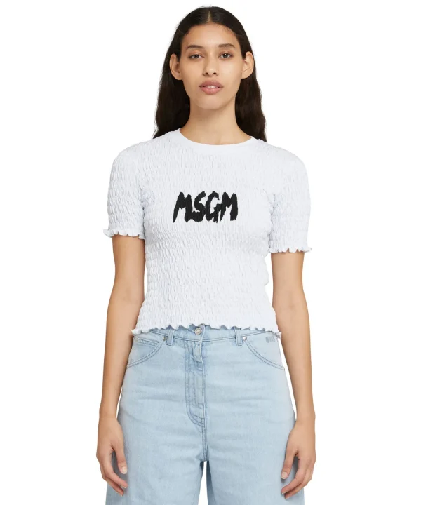 MSGM T-Shirt Crop In Cotone Con Lavorazione Punto Smock White Outlet