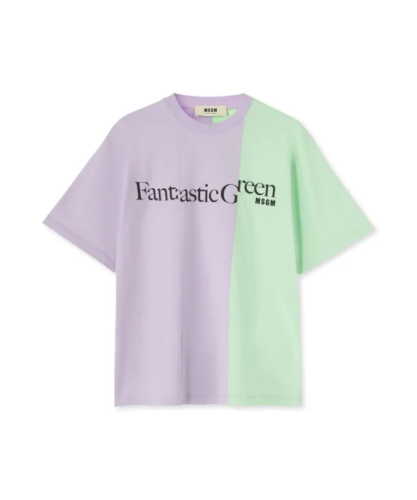 MSGM T-Shirt Girocollo Bicolore In Cotone Organico Della Capsule Fantastic Green Lillac Flash Sale