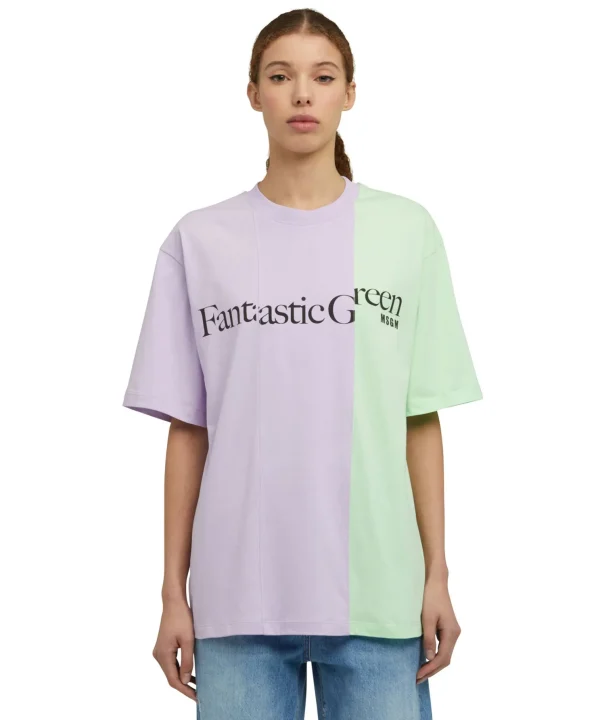 MSGM T-Shirt Girocollo Bicolore In Cotone Organico Della Capsule Fantastic Green Lillac Online