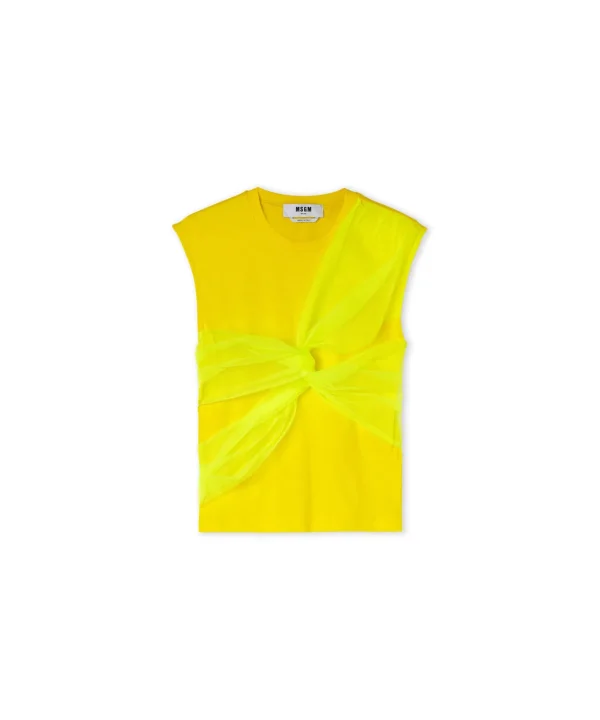 MSGM T-Shirt Girocollo Con Dettaglio In Tulle Yellow Best