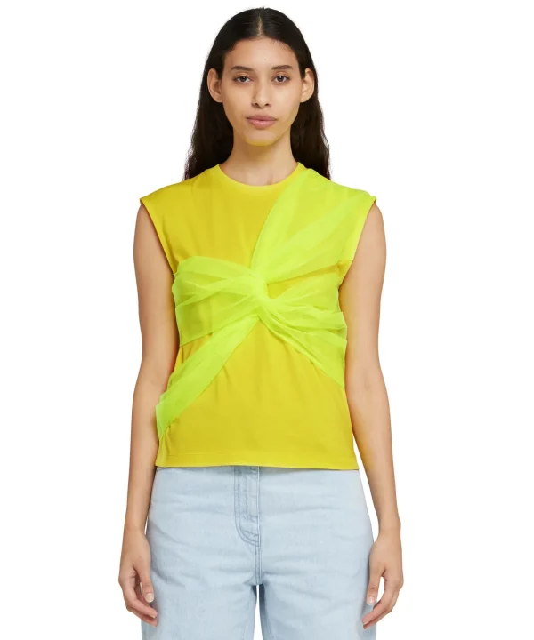 MSGM T-Shirt Girocollo Con Dettaglio In Tulle Yellow Best