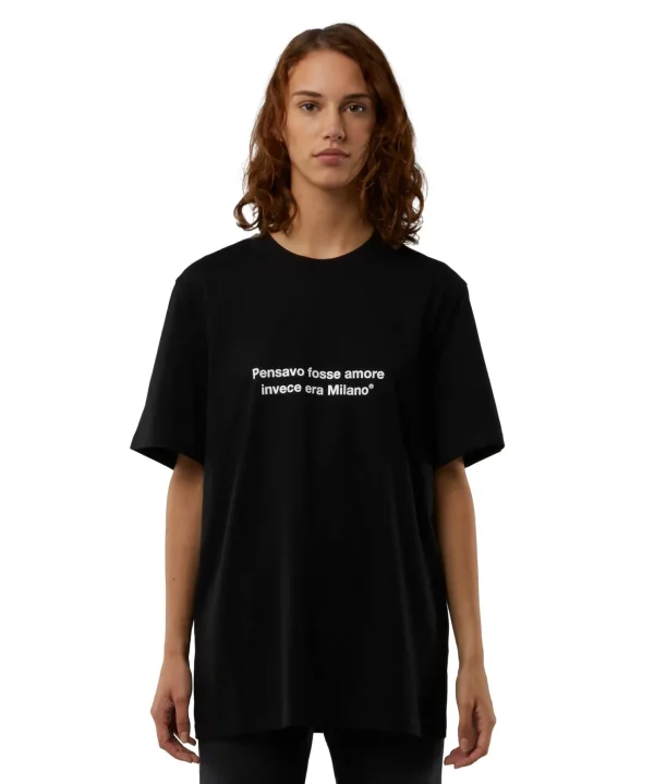 MSGM T-Shirt Girocollo Con Quote "Pensavo Fosse Amore Invece Era Milano" Black Best Sale