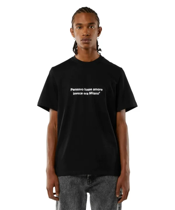 MSGM T-Shirt Girocollo Con Quote "Pensavo Fosse Amore Invece Era Milano" Black Best Sale