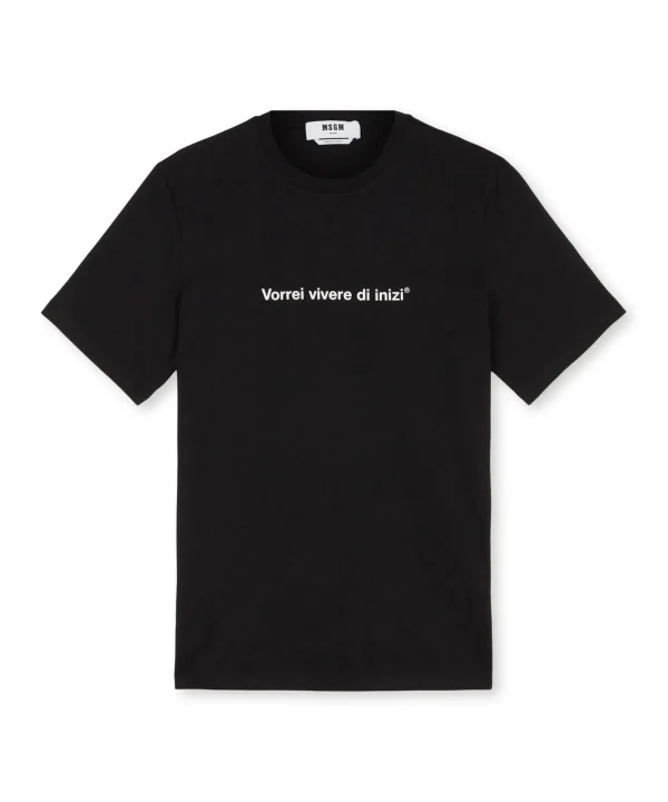 MSGM T-Shirt Girocollo Con Quote "Vorrei Vivere Di Inizi" Black Fashion