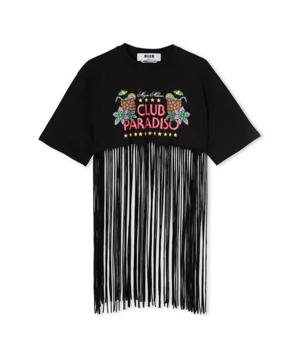 MSGM T-Shirt Girocollo Crop Con Frange In Cotone Con Grafica "Club Paradiso" Black Cheap