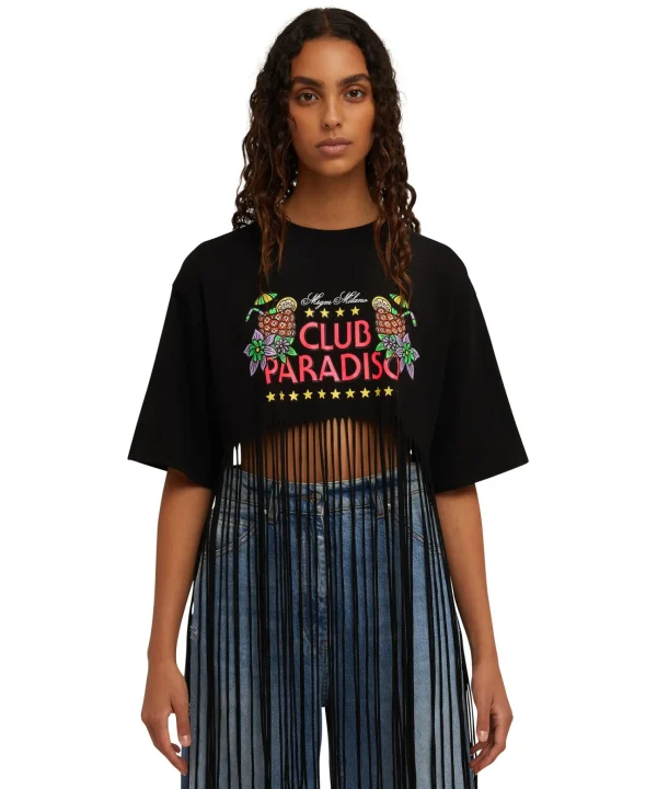 MSGM T-Shirt Girocollo Crop Con Frange In Cotone Con Grafica "Club Paradiso" Black Cheap