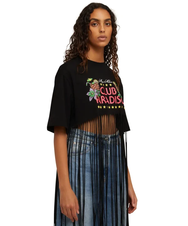 MSGM T-Shirt Girocollo Crop Con Frange In Cotone Con Grafica "Club Paradiso" Black Cheap