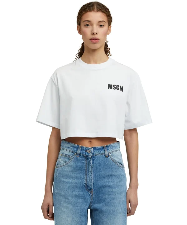 MSGM T-Shirt Girocollo Crop In Cotone Con Logo E Quote White Clearance