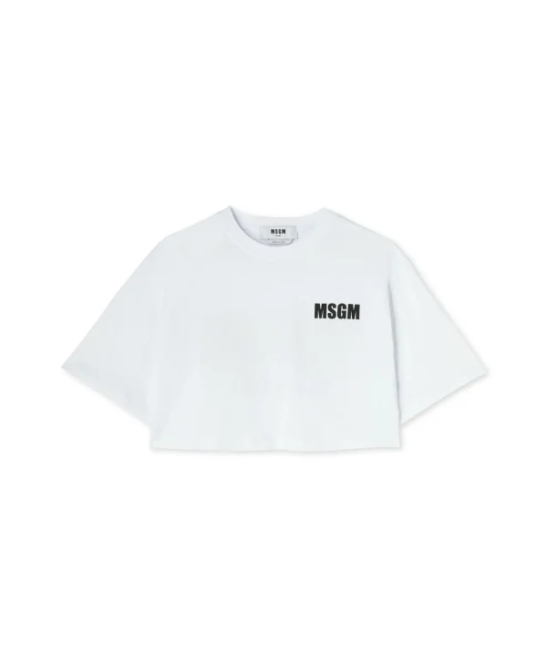 MSGM T-Shirt Girocollo Crop In Cotone Con Logo E Quote White Clearance