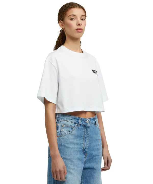 MSGM T-Shirt Girocollo Crop In Cotone Con Logo E Quote White Clearance