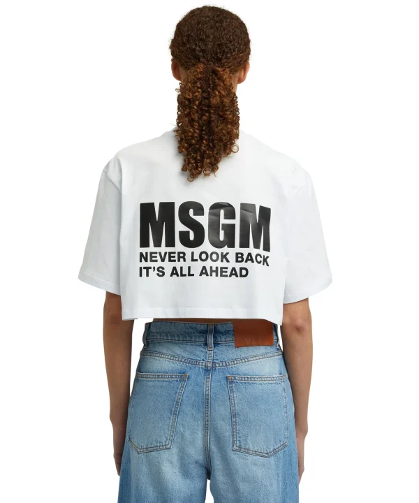 MSGM T-Shirt Girocollo Crop In Cotone Con Logo E Quote White Clearance